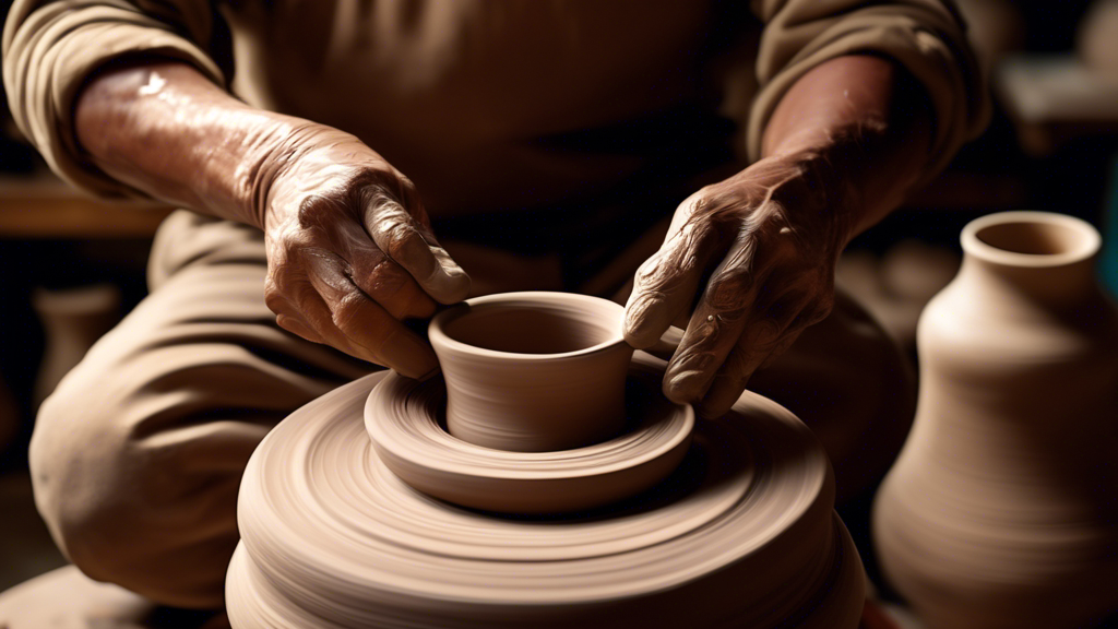 An artisan's hands meticulously shaping a delicate clay vase on a spinning potter's wheel, surrounded by an array of beautifully finished ceramic pieces in a sunlit studio.