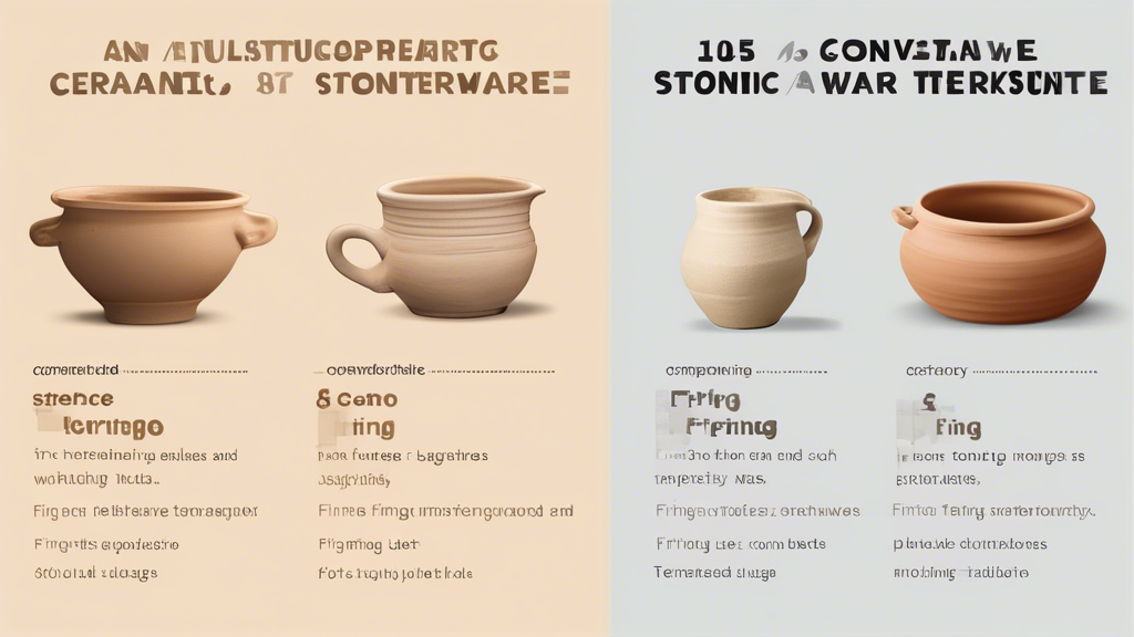 An illustrated comparison chart highlighting the differences between ceramic and stoneware, detailing texture, firing temperature, and usage, set against a backdrop of a pottery workshop