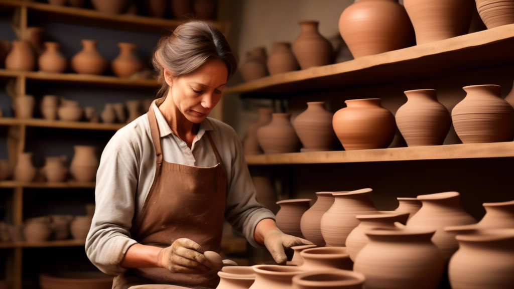 A skilled potter at a wheel expertly shaping a sophisticated clay pot, with a variety of beautifully finished thrown pots displayed on shelves in the background, portraying a warm, inviting pottery studio atmosphere.