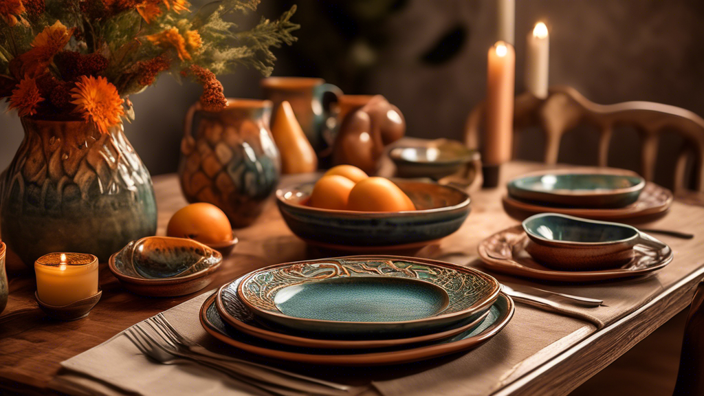 An elegantly set dining table featuring handcrafted artisan pottery dinnerware, with a focus on intricate designs and vibrant glazes, set against a warm, softly lit background to highlight the unique texture and craftsmanship.