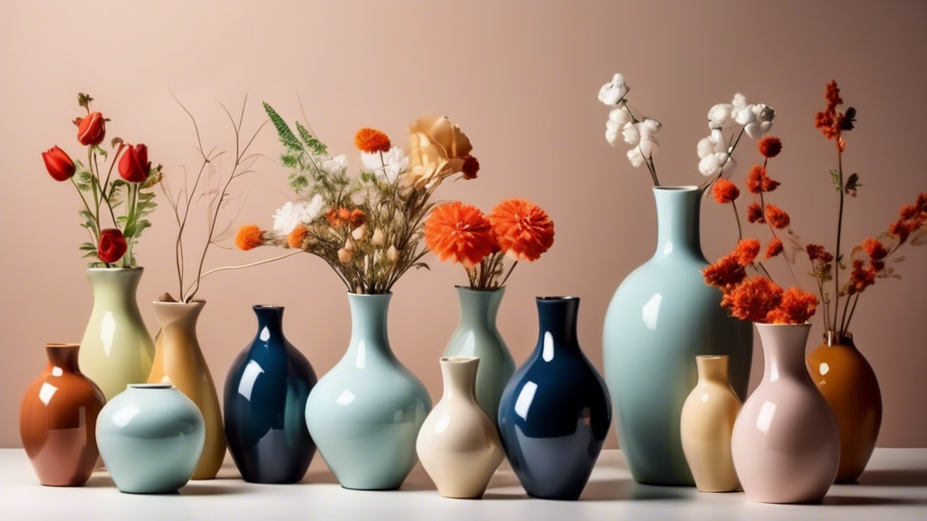 An elegant brightly lit online shopping website showcasing an array of beautiful ceramic flower vases in various shapes and colors, with a cursor selecting one particularly perfect vase.