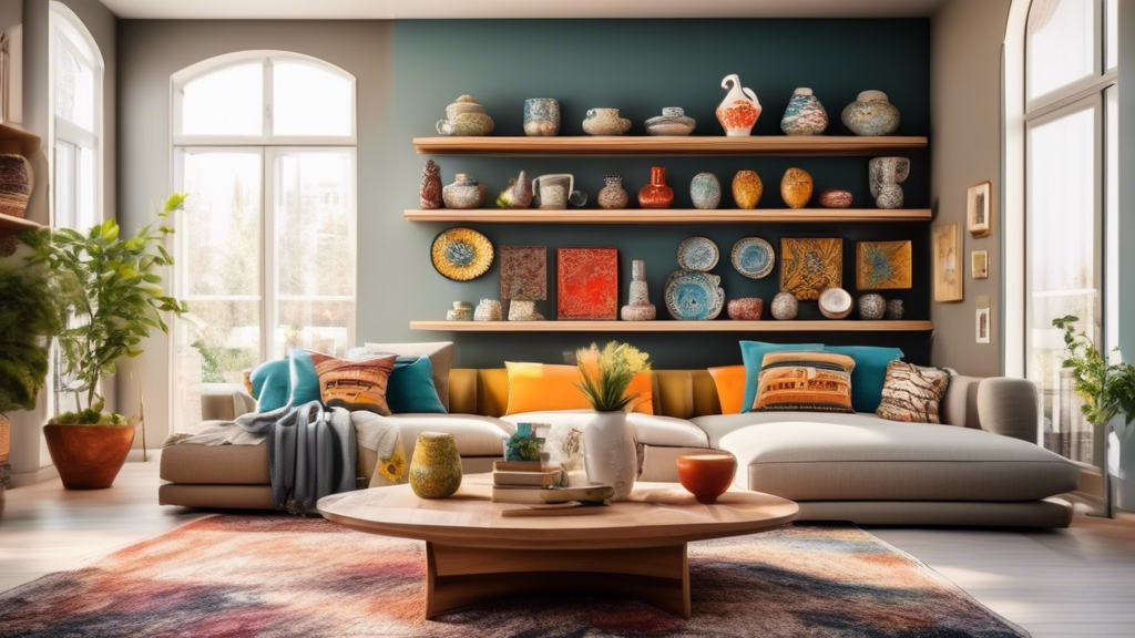 Cozy modern living room filled with natural light, adorned with various artistic touch ceramics elegantly displayed on floating shelves and coffee table, showcasing a blend of vibrant colors and intricate designs.