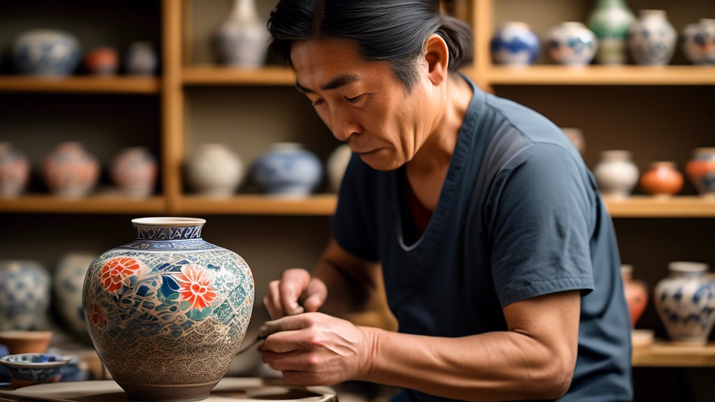 An artist meticulously hand-painting intricate traditional patterns on a Yamasan pottery vase in a serene Japanese pottery workshop, with shelves of finished colorful ceramics in the background, under warm natural light