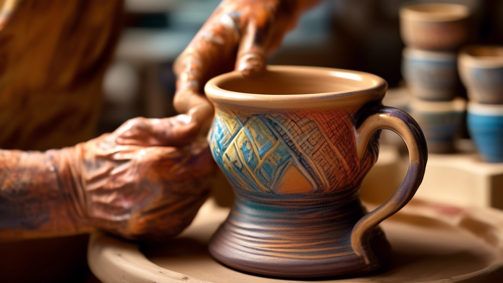 Two hands carefully molding a unique pottery mug on a spinning wheel, surrounded by an array of colorful, custom hand-thrown pottery mugs, each with distinctive patterns and textures, in a warm, sunlit pottery studio.