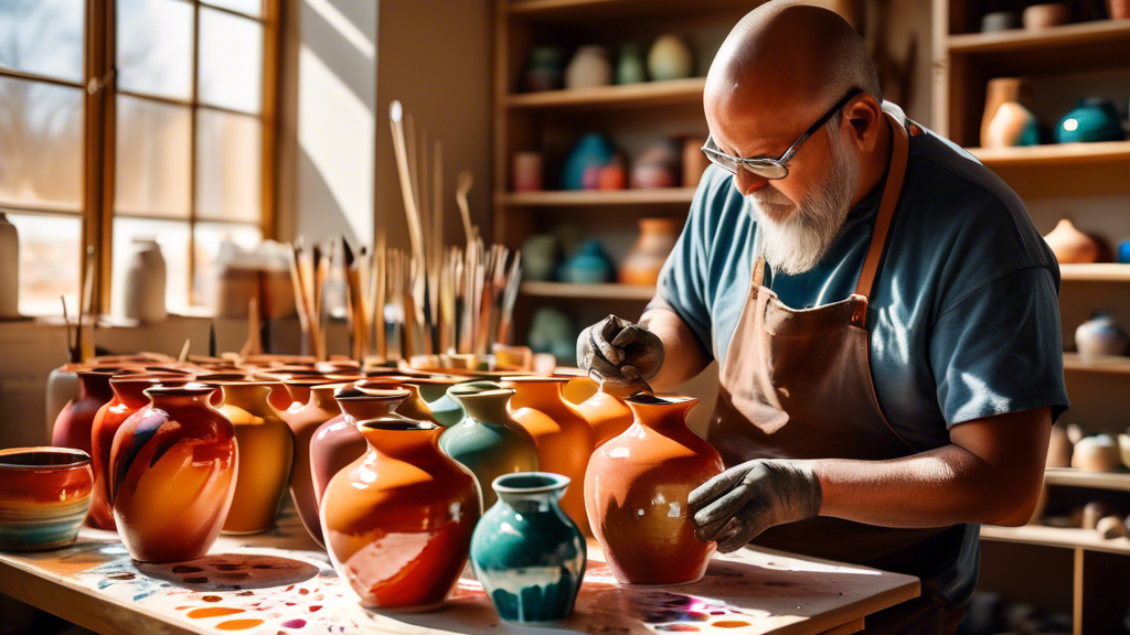An artisan carefully applying vibrant glaze onto a ceramic vase in a sunlit pottery studio, surrounded by colorful glaze samples and pottery tools, with a kiln in the background.