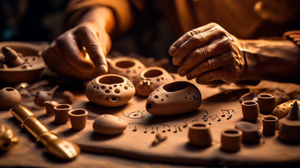 An artisan's hands meticulously shaping a clay ocarina surrounded by various clay musical instruments and musical notes floating in the air, in a cozy workshop illuminated by the golden light of a sunset.
