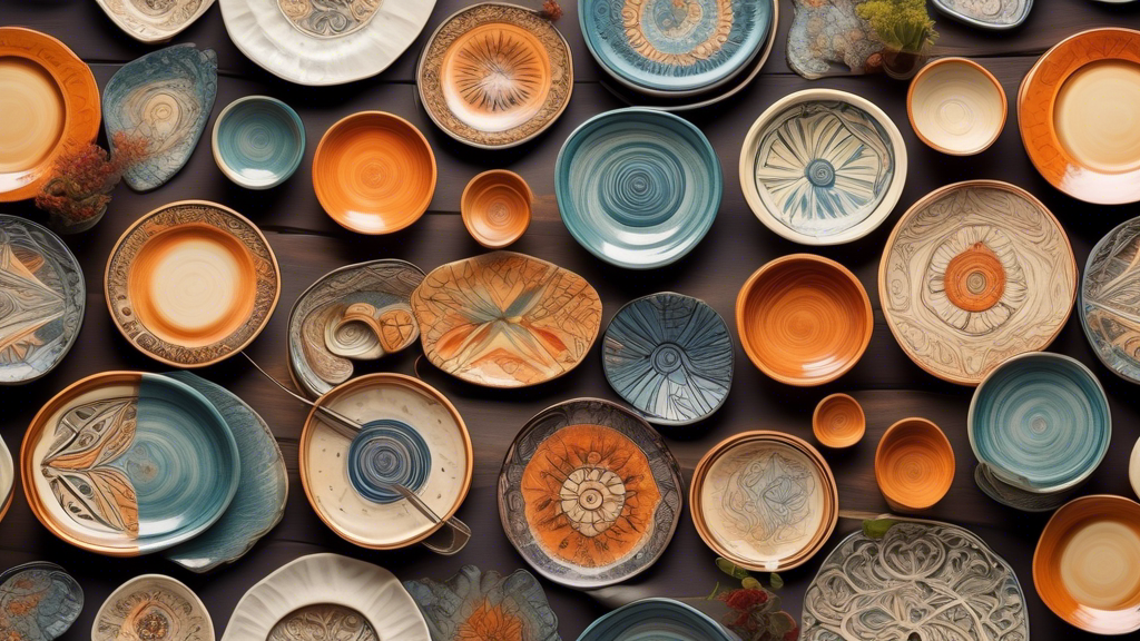 Detailed illustration of a diverse collection of handcrafted pottery plates, each with unique designs and colors, beautifully arranged on an elegant restaurant table setting, emphasizing texture and craftsmanship.