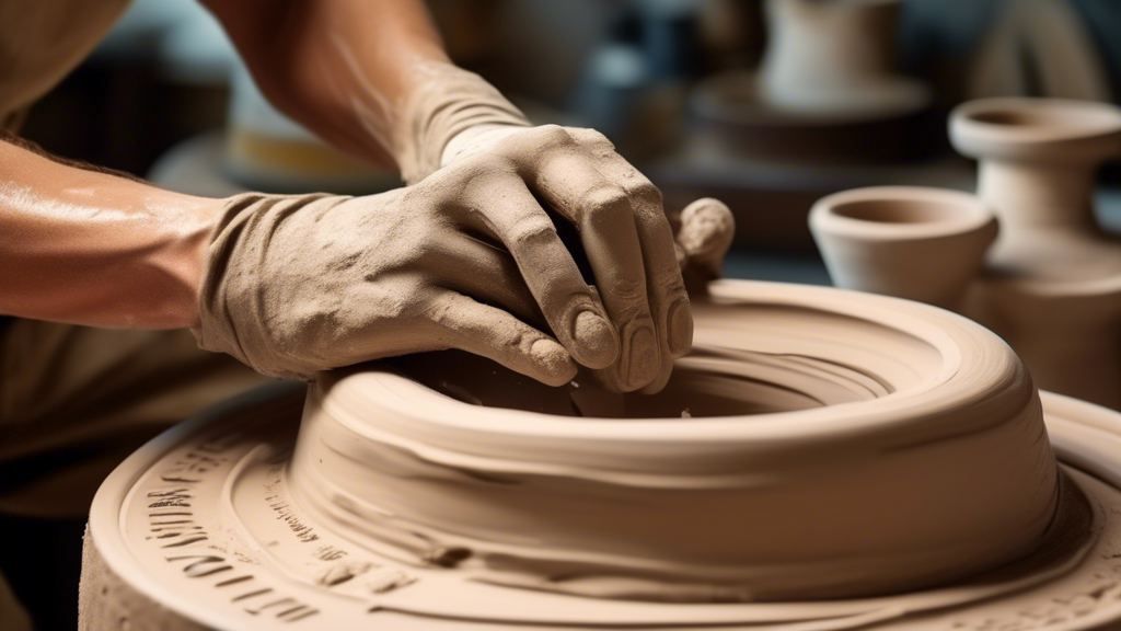 Close-up of a sculptor's hands molding stoneware clay on a pottery wheel, with annotated labels showing different minerals and elements present in the clay composition, in a brightly lit ceramics studio.