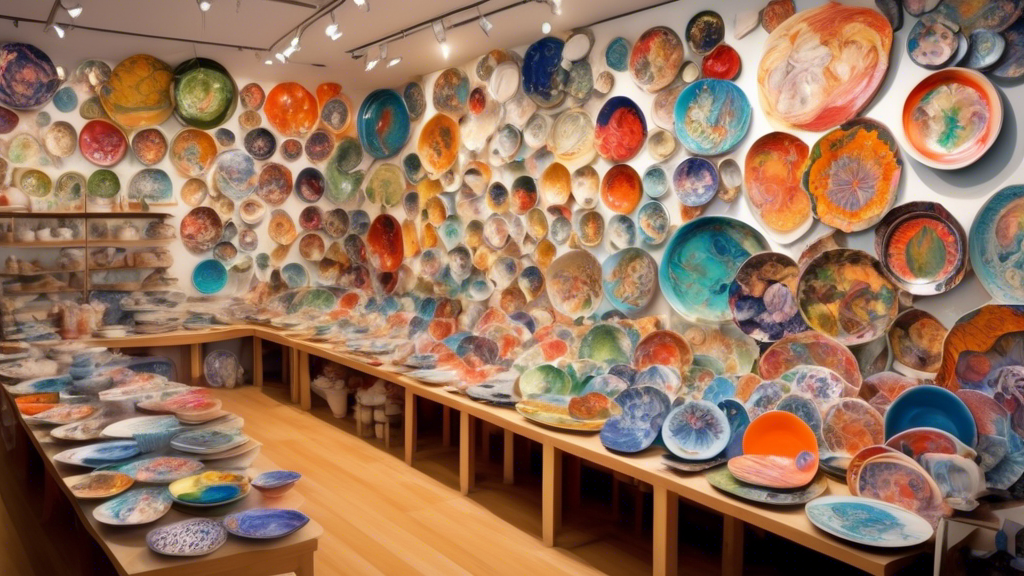A vibrant montage showcasing diverse ceramic plate artists from around the world, each painting and sculpting unique designs in their studios, with an array of colorful plates displayed in the foreground.