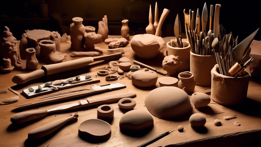 An artist's workbench illuminated by a warm overhead light, showcasing a collection of clay sculpture tools meticulously arrayed on a wooden surface, with clay models in various stages of completion in the background.