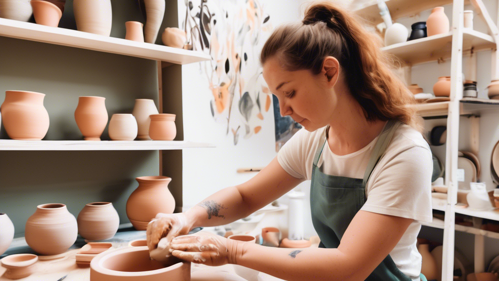 An illustrated step-by-step guide showing a beginner artist creating a ceramic vase from clay on a pottery wheel in a bright, welcoming studio.