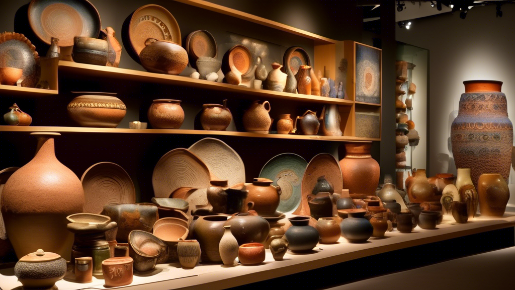 An artistically composed showcase of diverse stoneware collections, including pottery, crockery, and sculptures from various cultures around the world, illuminated in a warmly lit museum setting.
