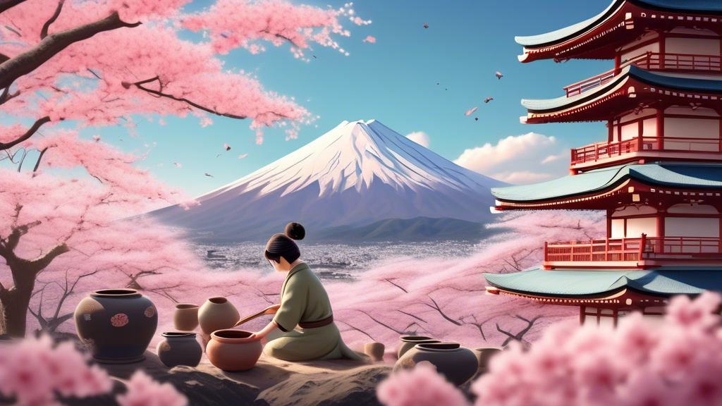 Create a detailed image showing an archaeologist delicately uncovering ancient Japanese pottery in a vibrant, historical setting, with Mount Fuji in the background under a cherry blossom sky.