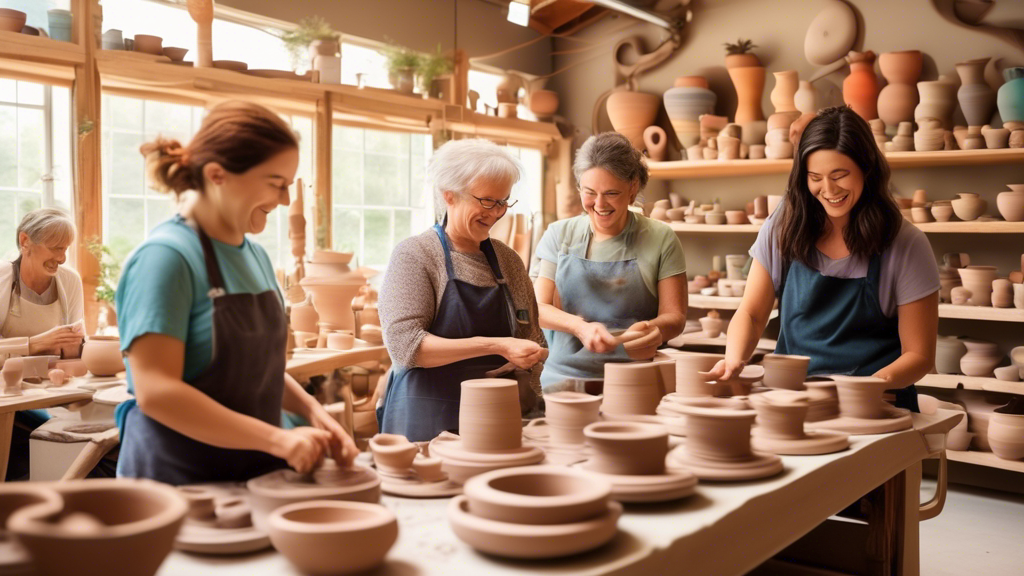 Create an image of a cozy, sunlit pottery studio filled with adults of various ages, each focused on shaping clay on spinning pottery wheels, shelves of colorful ceramic creations in the background, and a friendly instructor guiding a smiling student.