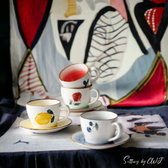 Hand-painted "Blueberry" teacup with plate - 6.8oz Retro hand-painted "Blueberry" teacup with plate - 200mL - Crafty-Clayworks