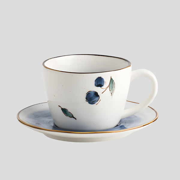 Retro hand-painted "Blueberry" teacup with plate - 200mL - Crafty-Clayworks