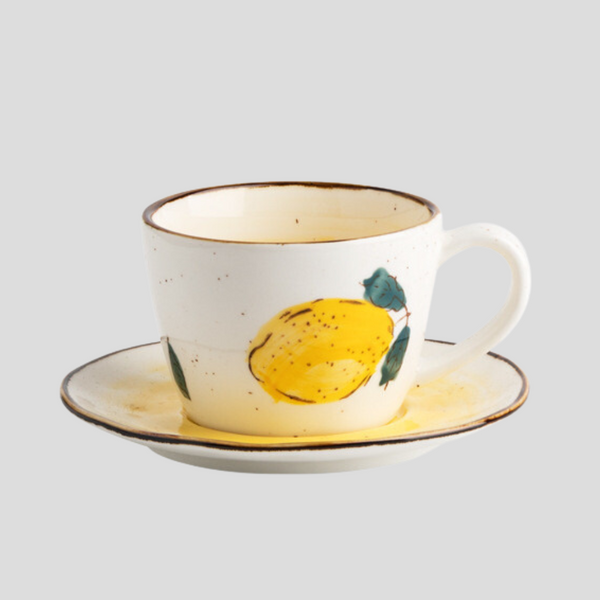 Retro hand-painted "Lemon" teacup with plate - 200mL - Crafty-Clayworks