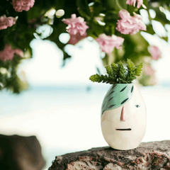 Modern artistic face motif vase - green hair Handmade artistic face motif vase - green hair Crafty-Clayworks