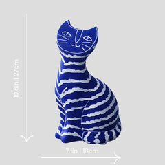 Handmade "Artisto Cats" sculpture - blue sitting Handmade artistic "Artisto Cats" sculpture - dark blue zebra sitting - Crafty-Clayworks