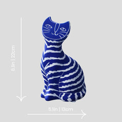 Handmade "Artisto Cats" sculpture - blue sitting Handmade artistic "Artisto Cats" sculpture - dark blue zebra sitting - Crafty-Clayworks