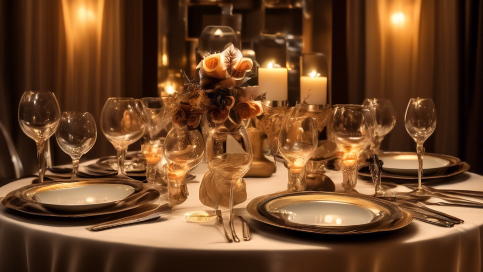 An elegant dinner table setting with a variety of unique and artistic serving dishes, under soft, warm lighting, showcasing creativity and luxury in dining.