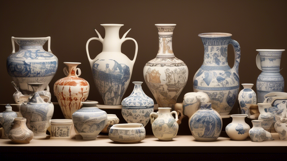 Create a detailed illustration showcasing a timeline of European ceramics evolution, from ancient pottery in Greece to modern porcelain designs, with notable pieces and styles from different European countries displayed in a historical museum setting.