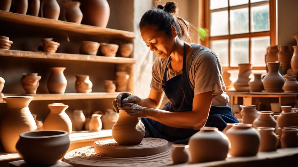 A skilled artisan sitting at a pottery wheel in a sunlit studio, hands covered in clay, shaping a beautiful, intricate vase, with shelves of colorful, finished pottery pieces in the background.