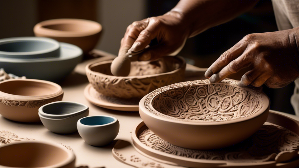 An artist sculpting intricate bowl forms in a sunlit studio filled with various clay bowls showcasing a diverse range of designs, textures, and colors, aimed to inspire creativity.