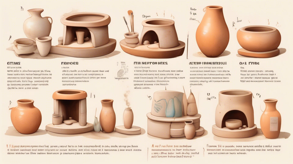 An illustration showing a step-by-step process of ceramic firing, including clay shaping, bisque firing in a kiln, glazing, and the final glaze firing, with annotations explaining each step, set in a cozy pottery workshop.