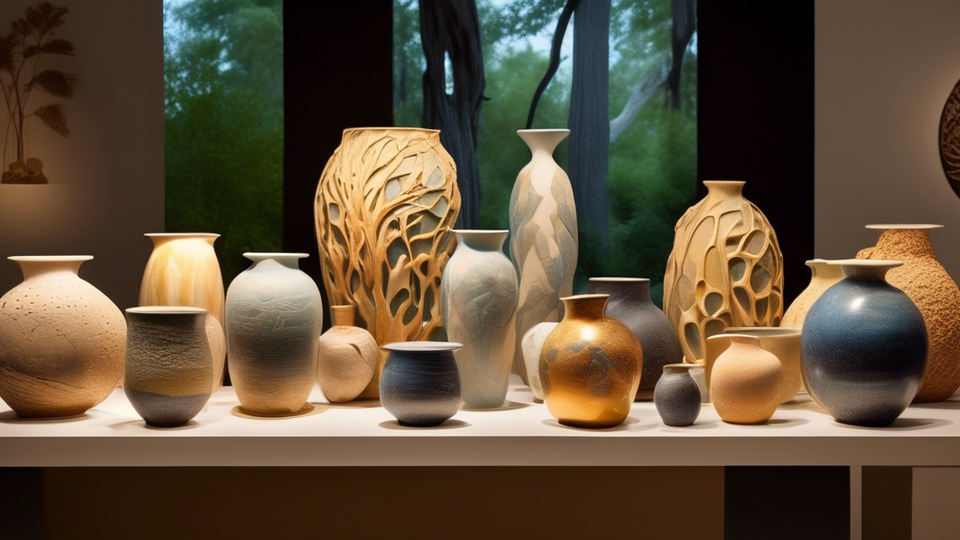 Stunning showcase of diverse ceramic art pieces, each uniquely inspired by nature's elements, featuring artists passionately crafting amidst serene natural backdrops, under the soft glow of golden hour sunlight.