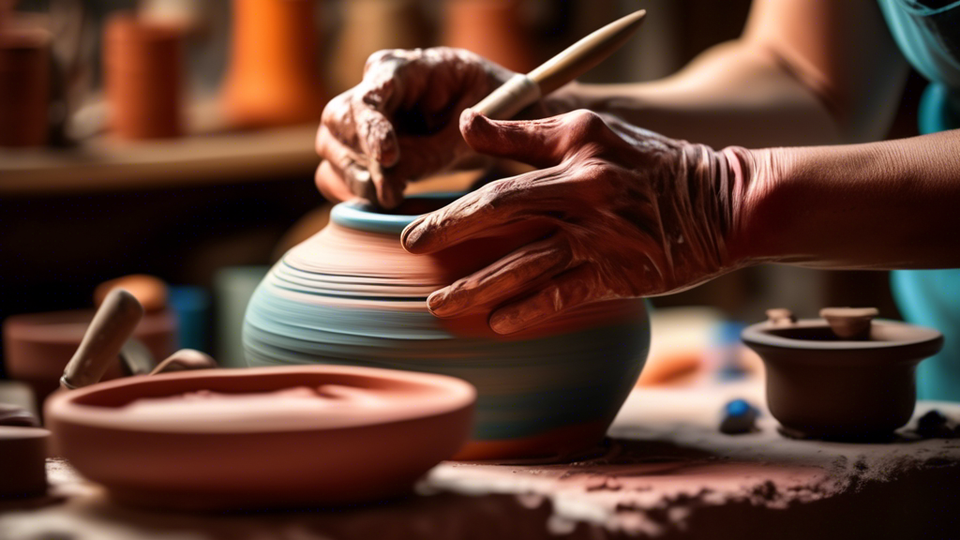 An artist's hands crafting a beautiful vase out of clay on a pottery wheel, surrounded by essential sculpting tools and colorful glazes, in a warmly lit, cozy studio setting.