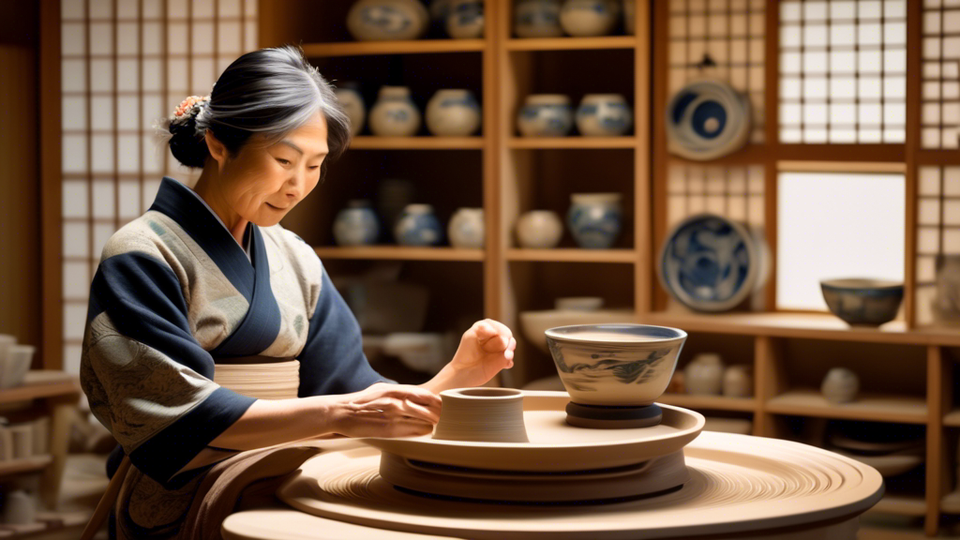 Create an image of a skilled artisan in a serene, sunlit traditional Japanese workshop, meticulously shaping a delicate piece of Amari pottery on a spinning wheel, with shelves of vibrant, intricately patterned Amari ceramics in the background.