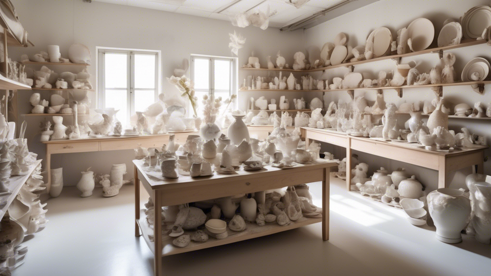 An enchanting atelier filled with artists hand-crafting delicate porcelain and ceramics, surrounded by an array of finished products from vases to plates, showcasing the beauty and diverse uses, under soft, natural light.