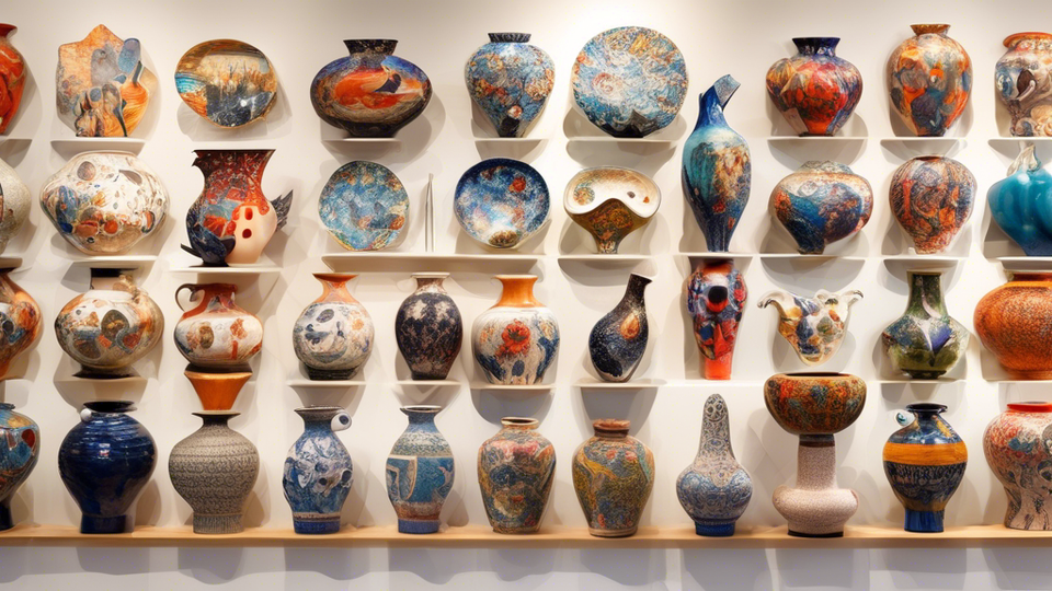 A vibrant collage showcasing the unique and intricate ceramic works of the top influential ceramic artists from around the world, each piece standing out with its signature style, surrounded by an audience in awe, in a warmly lit, spacious art gallery.