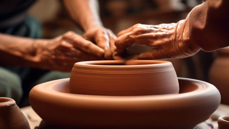 A close-up image of a potter's hands delicately shaping a clay pot on a spinning pottery wheel, with vibrant thrown ceramics and pottery tools blurred in the background, capturing the essence of creativity and craftsmanship in a cozy, warmly lit studio.