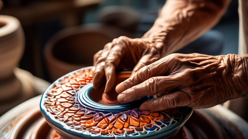 An artist's hands delicately shaping a vibrant, intricate pottery piece on a pottery wheel in a sunlit studio, surrounded by an array of colorful, beautifully finished ceramic creations.