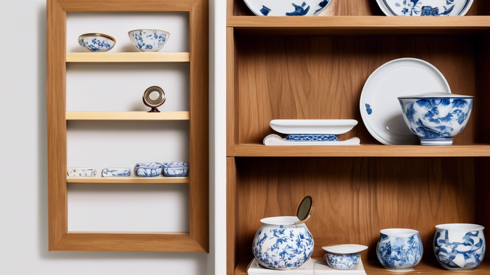 An elegant collection of Ardco porcelain from Japan displayed on a wooden shelf, with a magnifying glass lying next to an open collector's guidebook.