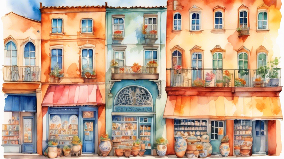 Vibrant watercolor illustration of a bustling street with a series of charming, diverse ceramic stores, each showcasing unique and colorful pottery designs in their windows under a sunny sky.