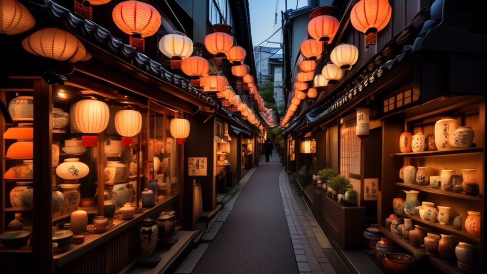 An enchanting street in Tokyo lined with traditional Japanese pottery shops, showcasing an array of beautifully crafted ceramics in the window displays, under the glowing lanterns at dusk.