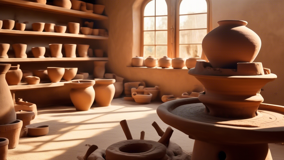 An ancient pottery wheel in a serene, sunlit studio with clay pots of various shapes and sizes in the background, showcasing the evolution of pottery through the ages.