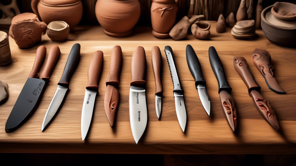 A set of various clay modelling knives displayed on a wooden table, with each knife's purpose and unique feature highlighted through visually descriptive icons, inside a brightly lit, artistically inspiring pottery studio.
