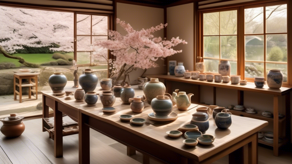 An elegant and tranquil Japanese pottery studio overlooking the Thames River, with artists delicately hand-painting traditional ceramic vases and tea sets, surrounded by cherry blossoms and soft afternoon light.