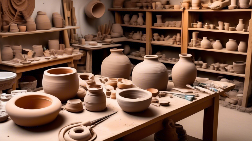 An inviting pottery studio filled with essential tools for pottery making including a spinning potter's wheel, various sculpting tools laid out on a wooden table, a kiln in the background, and clay pots in different stages of completion.