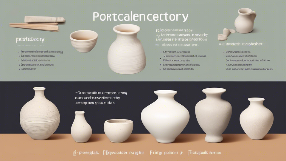 An educational infographic contrasting the properties of porcelain and ceramic pottery, including texture, firing temperature, and durability, set against a background of a pottery workshop, with examples of each type of pottery labeled accordingly.