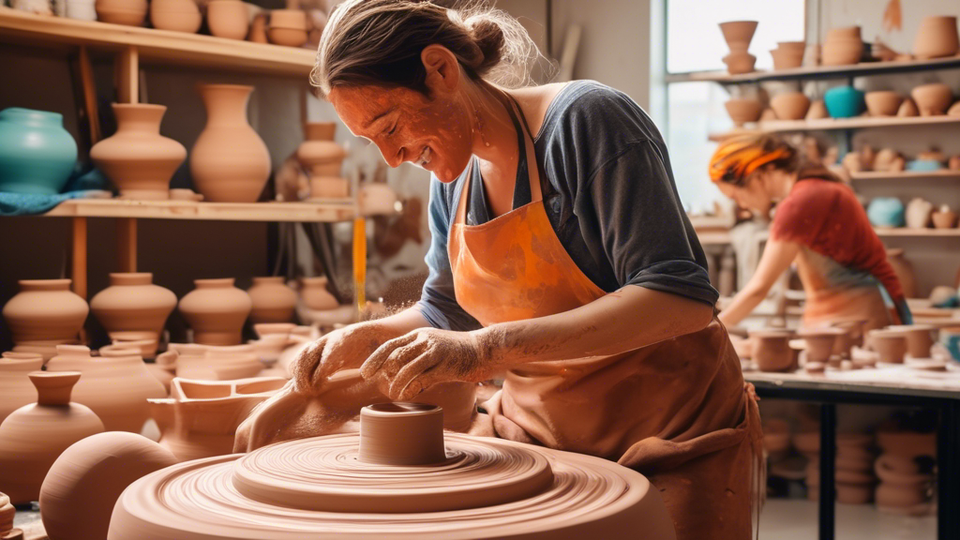 Artists joyfully shaping wet clay on pottery wheels in a brightly lit, colorful studio, with shelves of finished pottery pieces in the background.