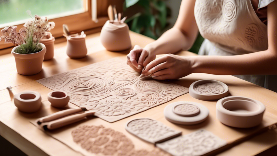 A serene art studio filled with natural light, showcasing a variety of clay embossing kits laid out on a wooden table, beside a window overlooking a blooming garden, with an artist gracefully embossing a delicate pattern onto a soft clay surface.