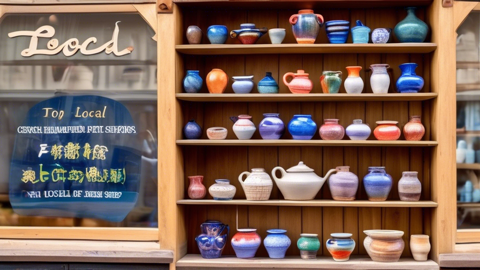 An inviting and colorful array of handmade ceramic pottery on wooden shelves, with a welcoming shop front in the background adorned with a 'Top Local Ceramic Shops' sign.