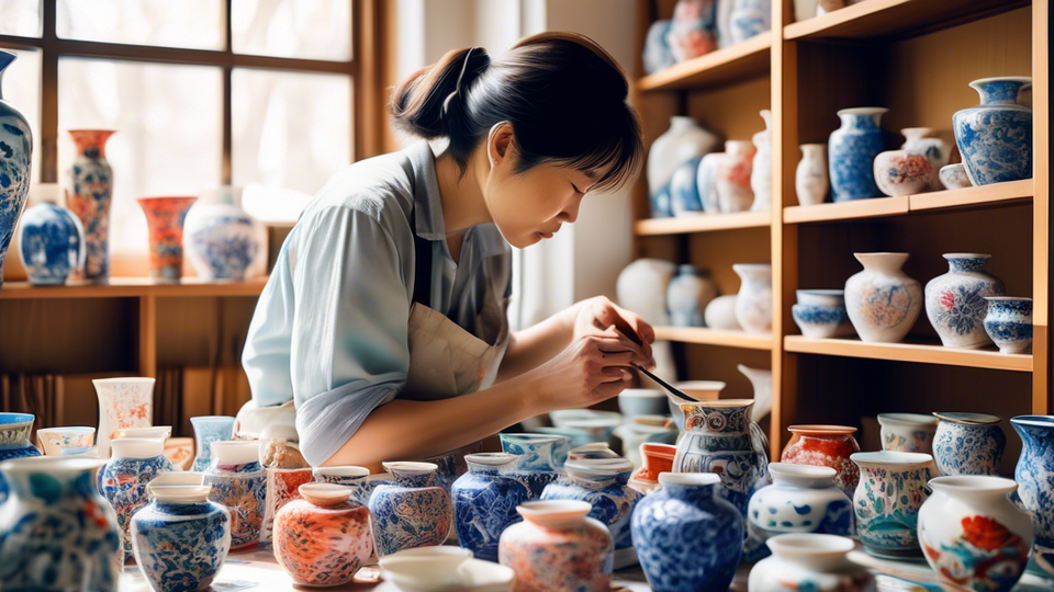 An artist delicately painting intricate, colorful patterns onto traditional Japanese porcelain vases in a bright, sunlight-filled studio, surrounded by shelves of vibrant, finished porcelain pieces.