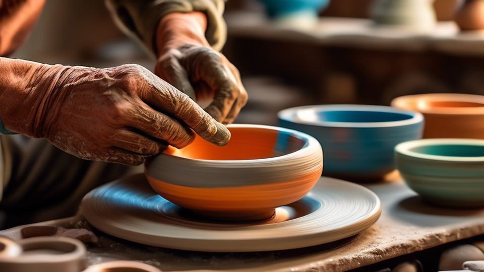 An artisan's hands meticulously shaping a delicate ceramic bowl on a potter's wheel, with an array of colorful, finished bowls displayed in the background, all set in a sunlit, cozy pottery studio.