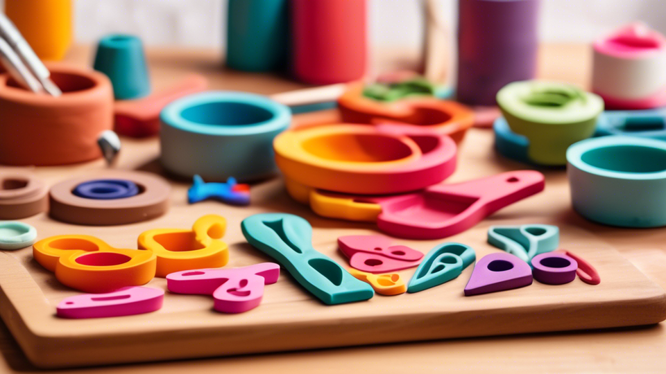 Colorful mini clay cutter set arranged creatively on a wooden worktable surrounded by clay creations and crafting tools, highlighting the variety of shapes and sizes, in a bright and inspiring crafting studio setting.